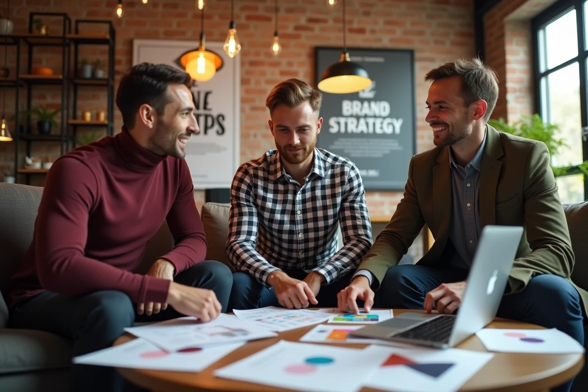 Équipe de professionnels en séance de brainstorming pour élaborer une stratégie de communication en entreprise