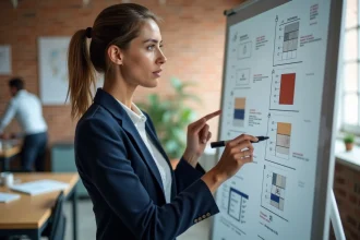 Responsable marketing debout devant un tableau blanc avec des esquisses de branding dans une agence créative moderne