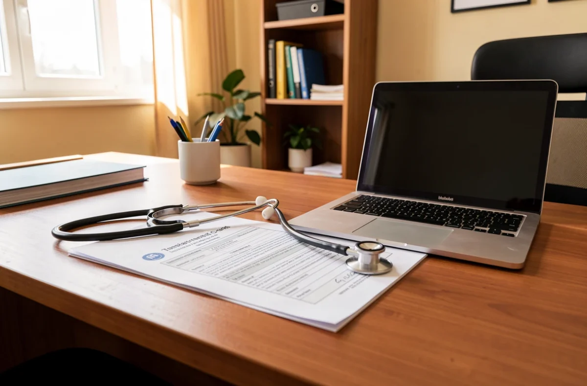 Bureau de médecin avec dossier médical et ordinateur