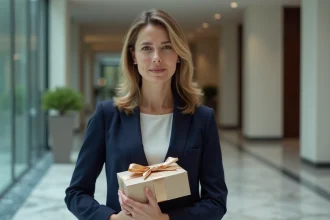 Femme professionnelle tenant un cadeau d'entreprise emballé dans un bureau moderne, illustrant la réglementation sur les cadeaux d'affaires
