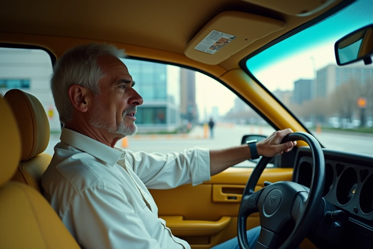 Chauffeur de taxi pensif dans son véhicule face à la concurrence des VTC