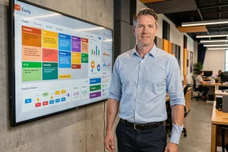 Chef de projet IT debout devant un tableau de bord digital interactif dans un open-space technologique moderne