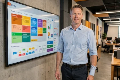Chef de projet IT debout devant un tableau de bord digital interactif dans un open-space technologique moderne