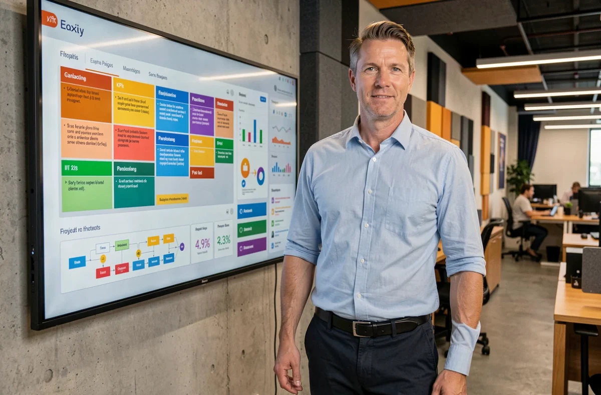 Chef de projet IT debout devant un tableau de bord digital interactif dans un open-space technologique moderne