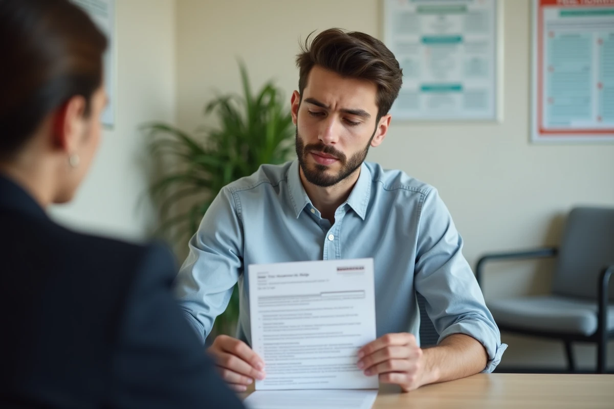 Client consultant un document sur les tarifs d'un avocat en droit du travail lors d'une consultation juridique