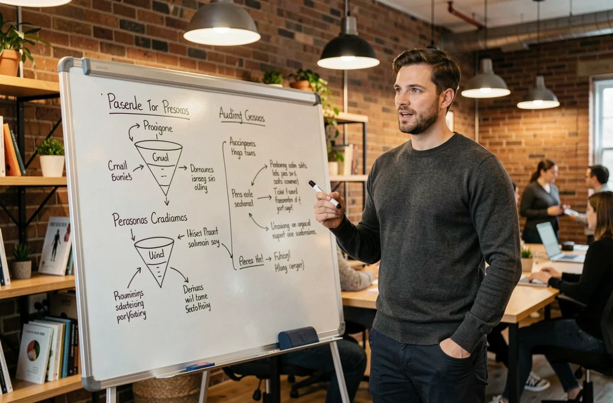 Coach masculin expliquant une stratégie d'attraction de clients ultra-ciblés devant un tableau blanc dans un espace de coworking