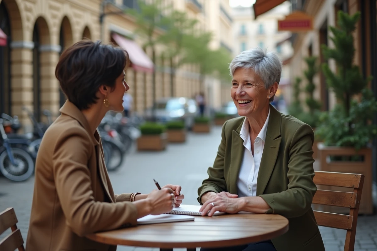 Séance de coaching informelle en extérieur entre une coach expérimentée et une jeune professionnelle en terrasse urbaine