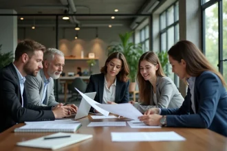 Réunion de collaboration entre professionnels et fournisseurs autour d'une table de conférence moderne