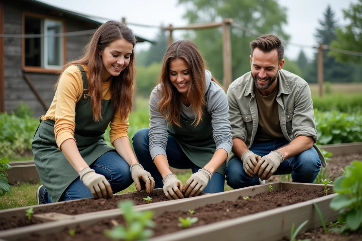 Membres d'un collectif travaillant ensemble dans un jardin partagé illustrant la solidarité et l'entraide collective