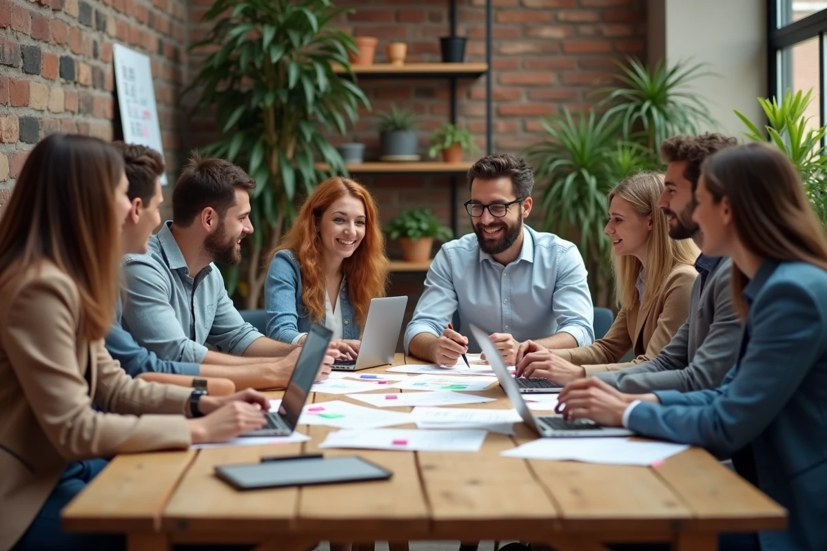 Groupe de personnes réunies autour d'une table de travail collaboratif illustrant le but d'un collectif