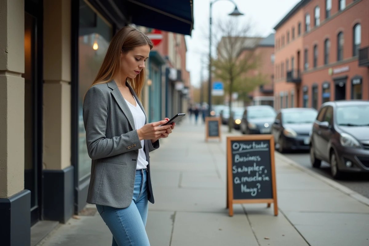 Femme cherchant une boutique introuvable sur son smartphone devant une vitrine de commerce local peu visible
