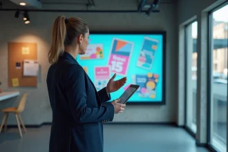 Professionnelle du marketing comparant différentes formes de publicité devant un écran publicitaire numérique en agence