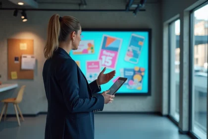Professionnelle du marketing comparant différentes formes de publicité devant un écran publicitaire numérique en agence