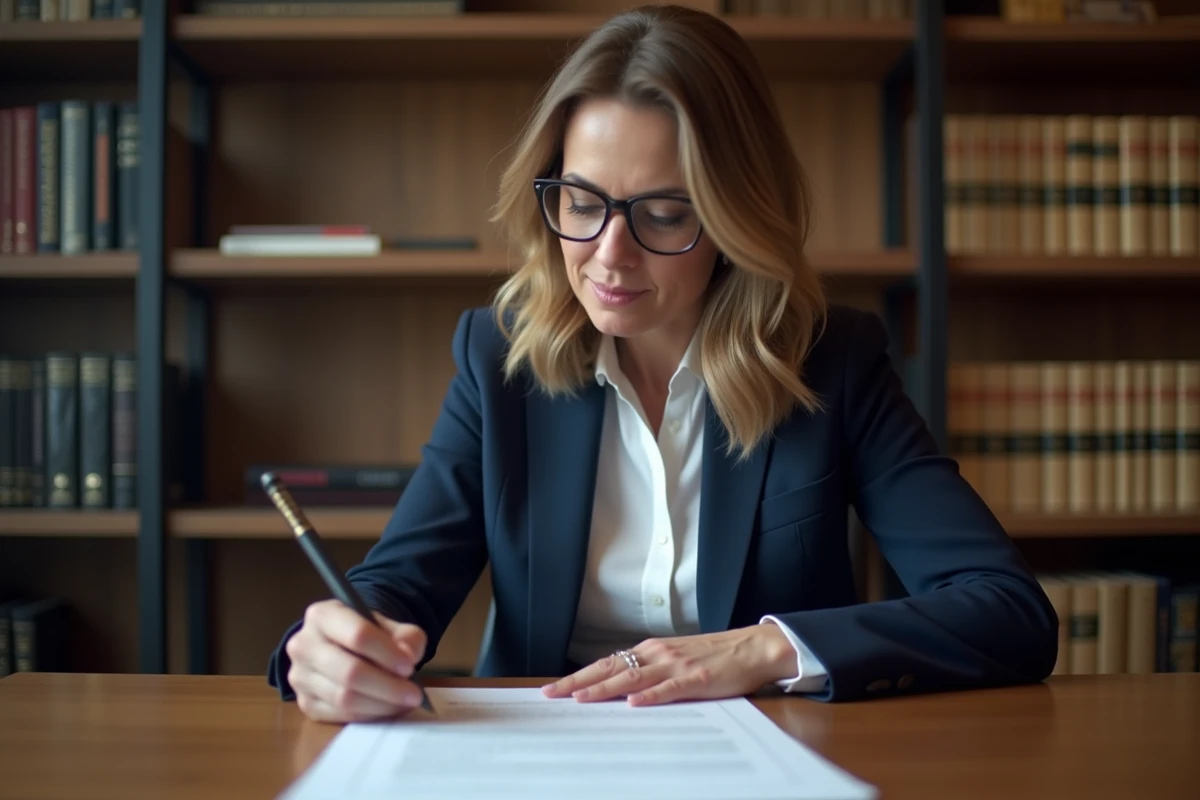 Avocate analysant les conditions contractuelles d'un contrat dans un bureau juridique moderne