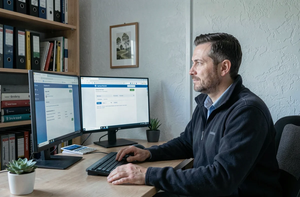 Homme consultant son espace sécurisé CSE2 RATP depuis un bureau à domicile avec double écran