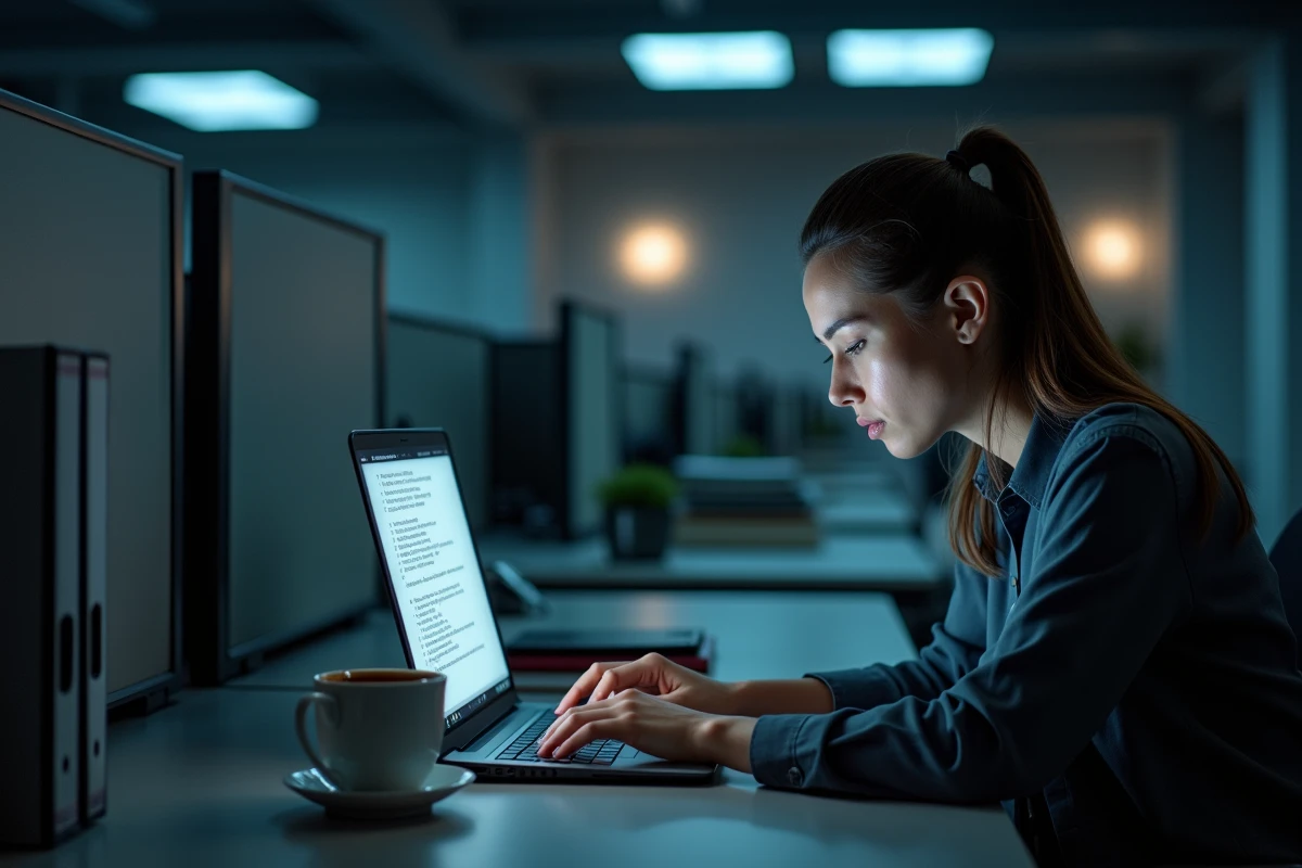 Employée épuisée travaillant seule tard le soir sous pression hiérarchique, conséquence de l'abus de pouvoir au travail
