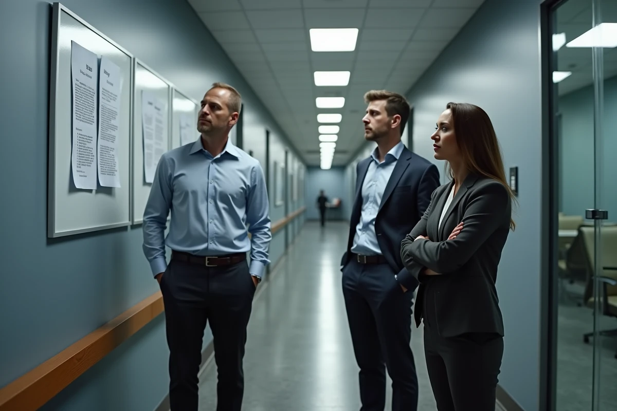 Groupe d'employés inquiets lisant une note officielle suite à une purge en entreprise