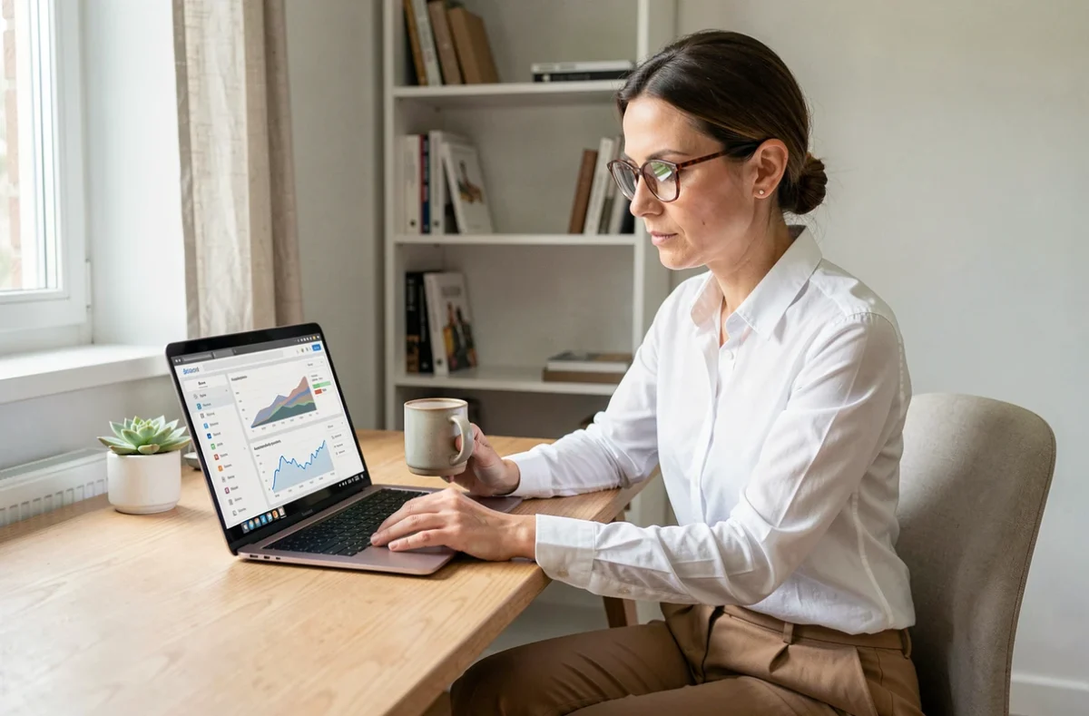 Consultante indépendante analysant des données d'acquisition de clients ciblés sur son ordinateur dans un bureau minimaliste à domicile