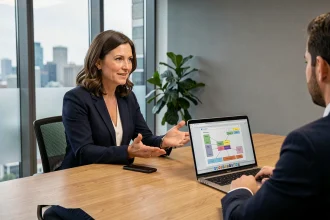 Consultante professionnelle en réunion avec un client ciblé dans un bureau moderne, présentant une stratégie de niche sur un ordinateur portable