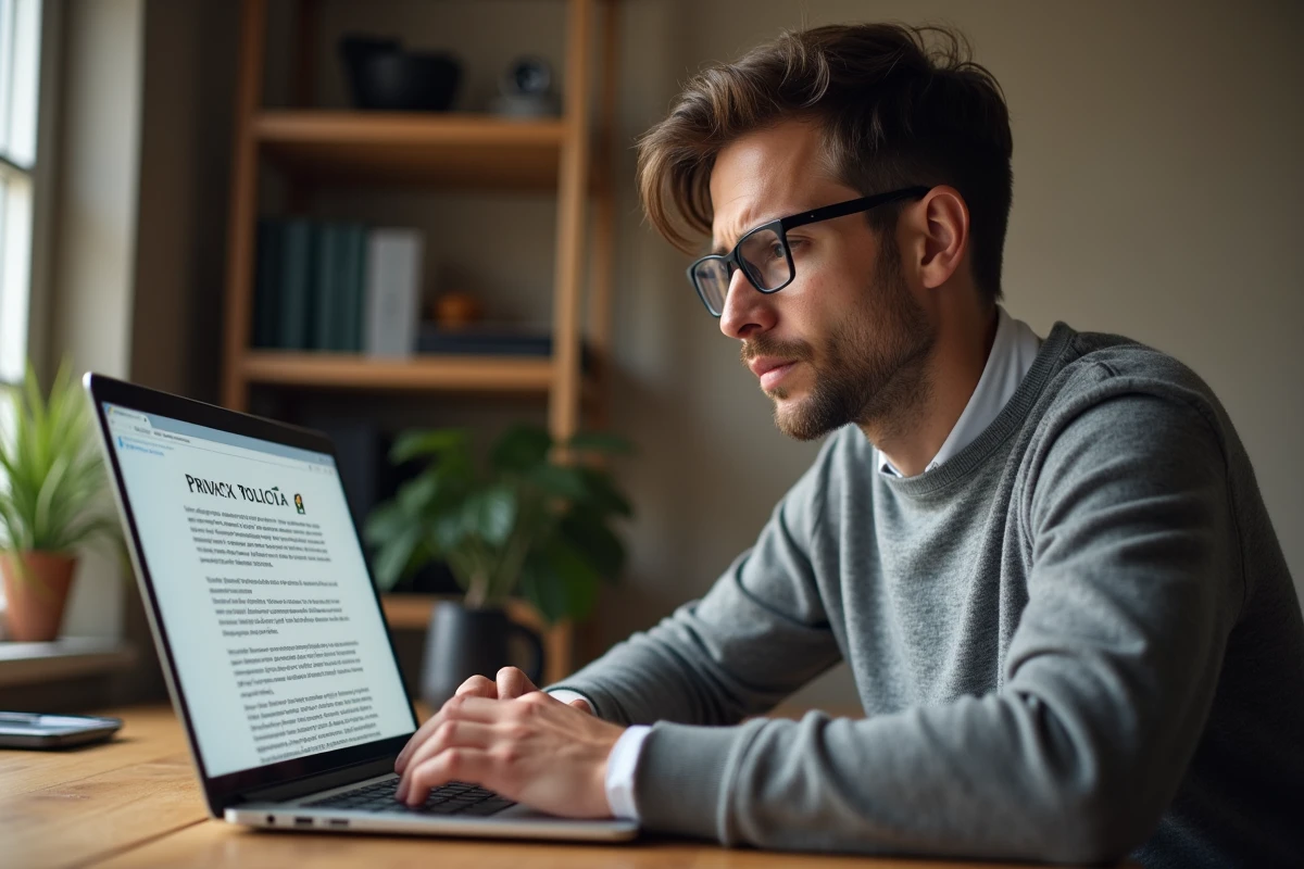 Homme consultant une politique de confidentialité sur son ordinateur portable dans un bureau à domicile