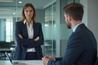 Une femme en blazer marine surveille un collègue au bureau, illustrant une dynamique de contrôle exclusif en entreprise