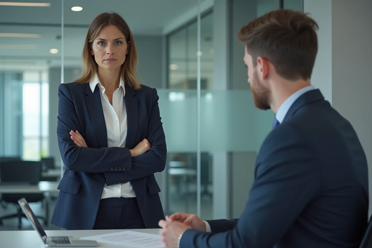Une femme en blazer marine surveille un collègue au bureau, illustrant une dynamique de contrôle exclusif en entreprise