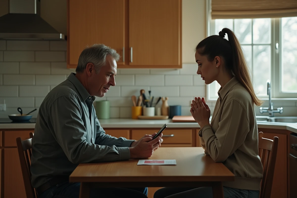 Un homme dominant tient un téléphone dans une cuisine tandis qu'une femme adopte une posture anxieuse, évoquant le contrôle exclusif au sein d'un couple