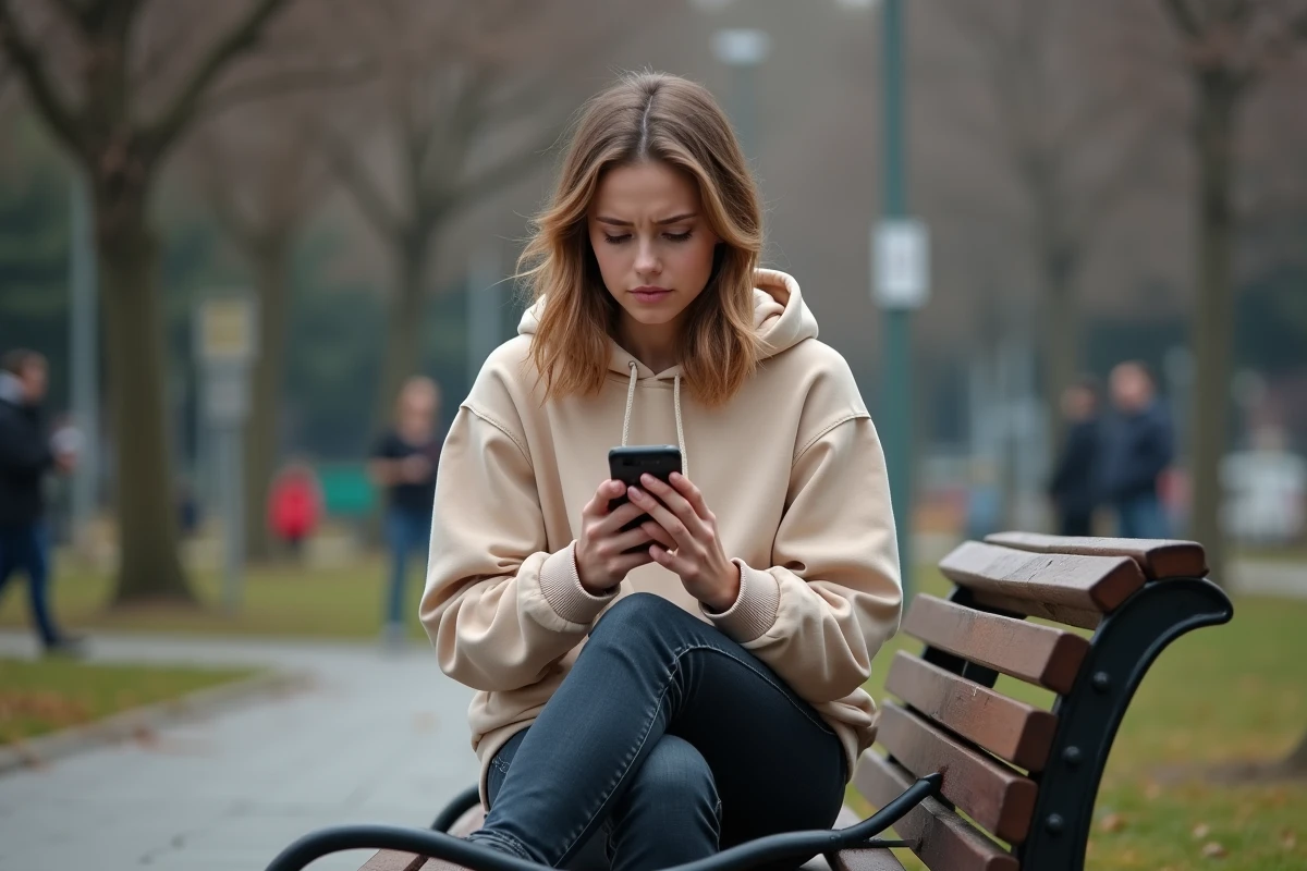 Une jeune femme seule sur un banc consulte anxieusement son téléphone dans un parc urbain, symbolisant l'isolement lié au contrôle exclusif