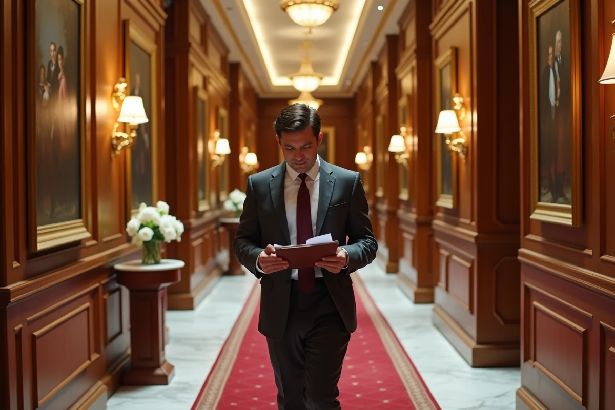 Couloir intérieur luxueux d'un palace parisien avec tapis rouge et directeur d'hôtel en costume