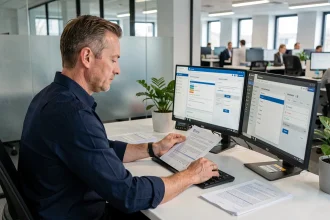 Courtier en assurance consultant le portail AXA courtage extranet sur un poste de travail à double écran dans un bureau professionnel moderne