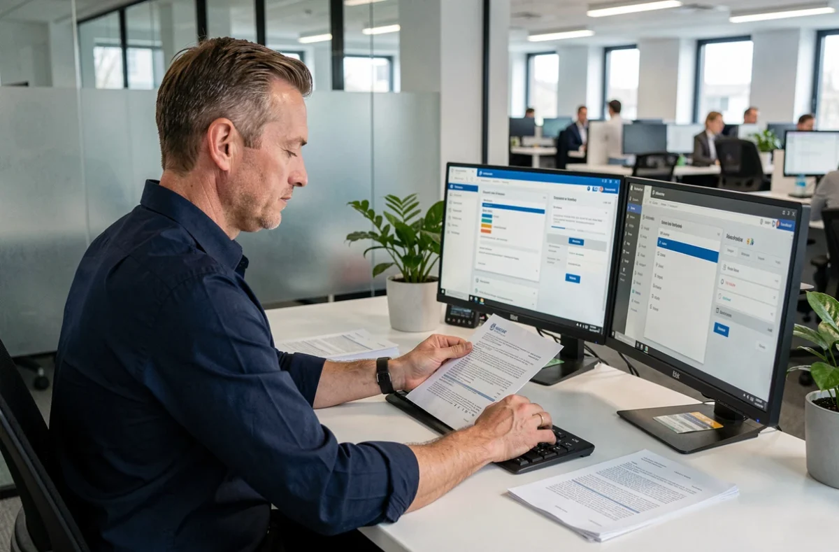 Courtier en assurance consultant le portail AXA courtage extranet sur un poste de travail à double écran dans un bureau professionnel moderne