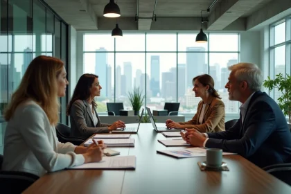 Équipe diversifiée en réunion collaborative autour d'une table de conférence dans un bureau moderne, illustrant une culture organisationnelle participative