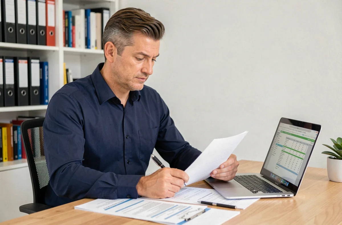 Homme consultant des documents financiers et un ordinateur portable pour déclarer ses commissions d'apporteur d'affaires