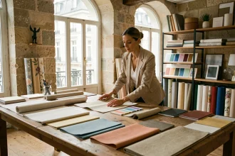 Décoratrice d'intérieur parisienne examinant des échantillons de tissus dans un atelier de décoration à Paris
