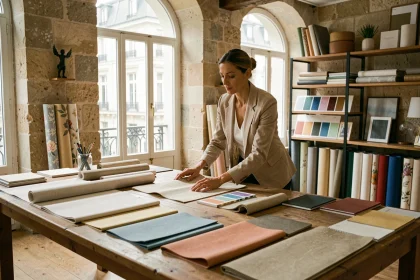 Décoratrice d'intérieur parisienne examinant des échantillons de tissus dans un atelier de décoration à Paris