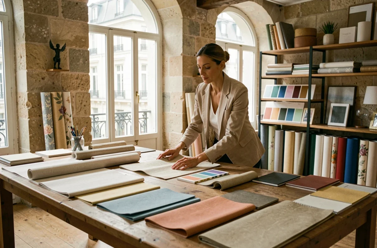 Décoratrice d'intérieur parisienne examinant des échantillons de tissus dans un atelier de décoration à Paris