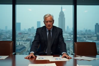 Dirigeant senior en costume devant une salle de conseil d'administration parisienne avec vue sur la ville, illustrant le pouvoir des grandes entreprises du CAC 40