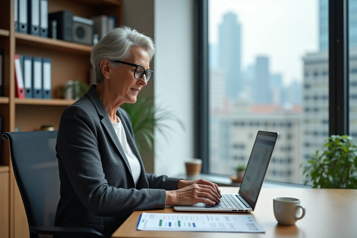 Une dirigeante avec des lunettes compare des solutions ERP sur un ordinateur portable dans un bureau privé avec vue sur la ville