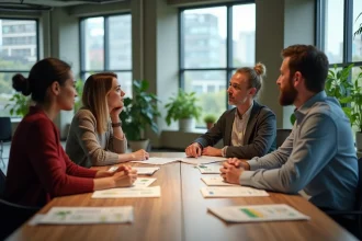 Groupe de professionnels discutant des principes de la RSE autour d'une table de réunion avec des rapports de durabilité