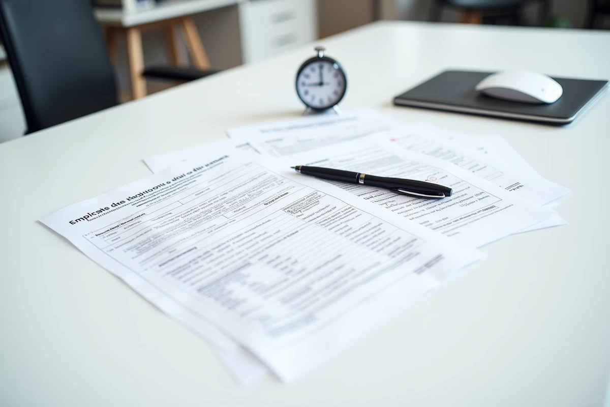 Documents de fin de contrat non signés sur un bureau avec une horloge indiquant un délai dépassé