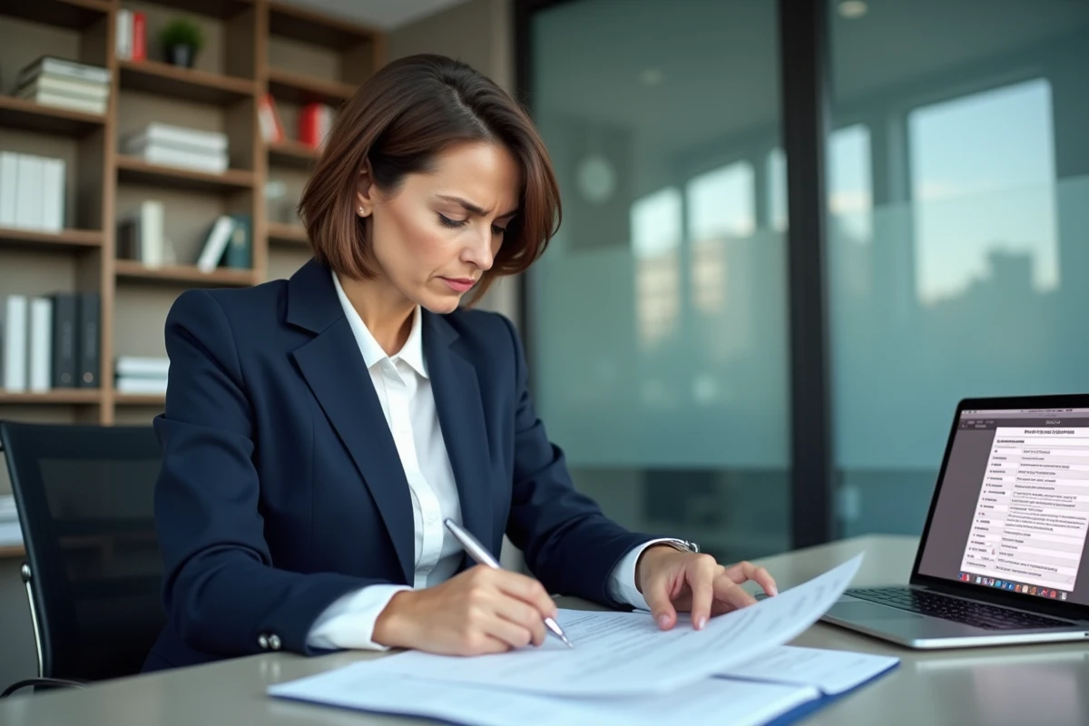 Femme d'affaires examinant des documents contenant des données personnelles sensibles dans un bureau moderne