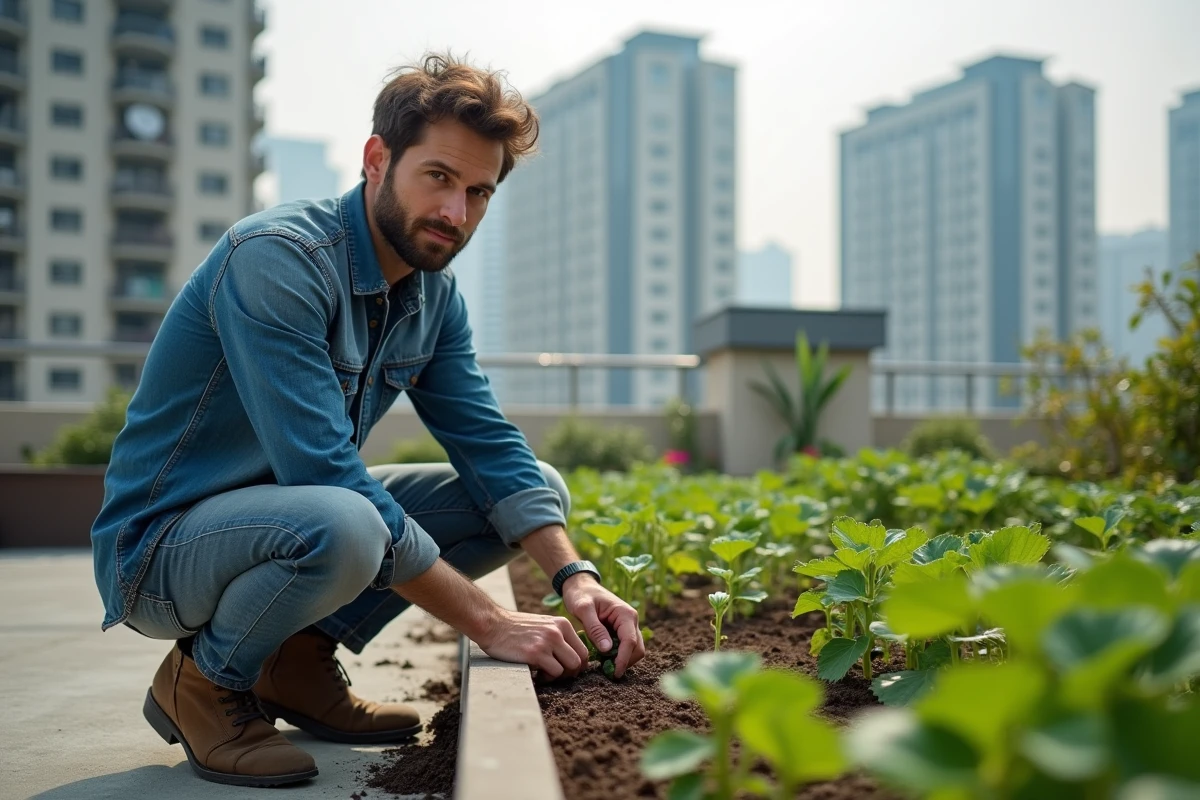 Agriculteur urbain cultivant des légumes sur un toit en ville, symbolisant les enjeux du développement durable en milieu urbain