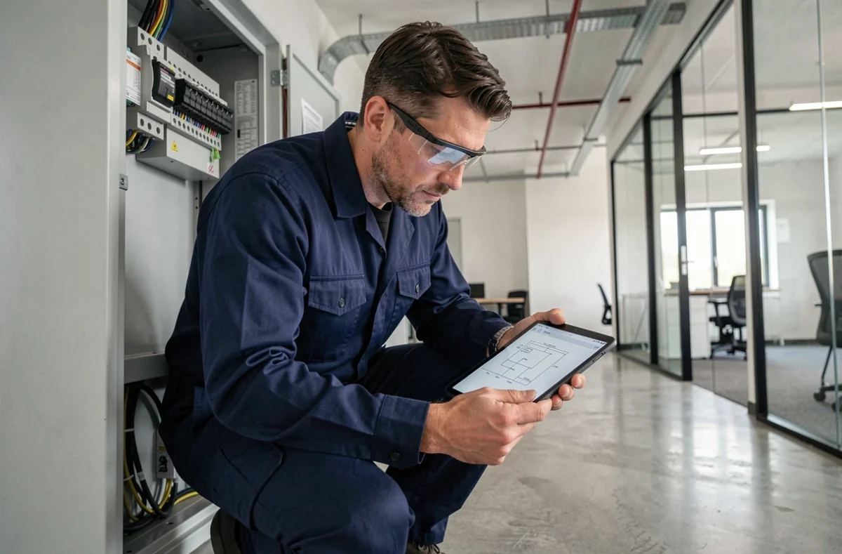 Électricien professionnel inspectant un tableau électrique dans un bureau moderne, projet BTP tertiaire