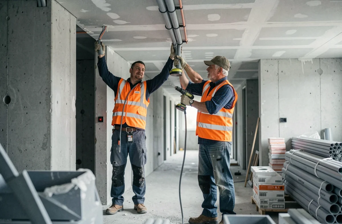 Deux électriciens posant des conduits électriques dans le couloir d'un immeuble résidentiel neuf