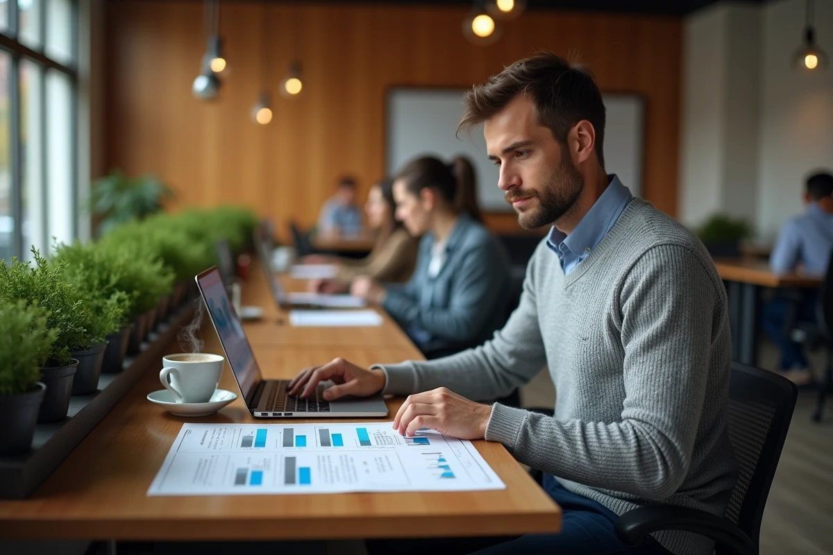 Employé analysant un organigramme d'entreprise à son bureau dans un espace coworking, réfléchissant aux différents types de culture organisationnelle