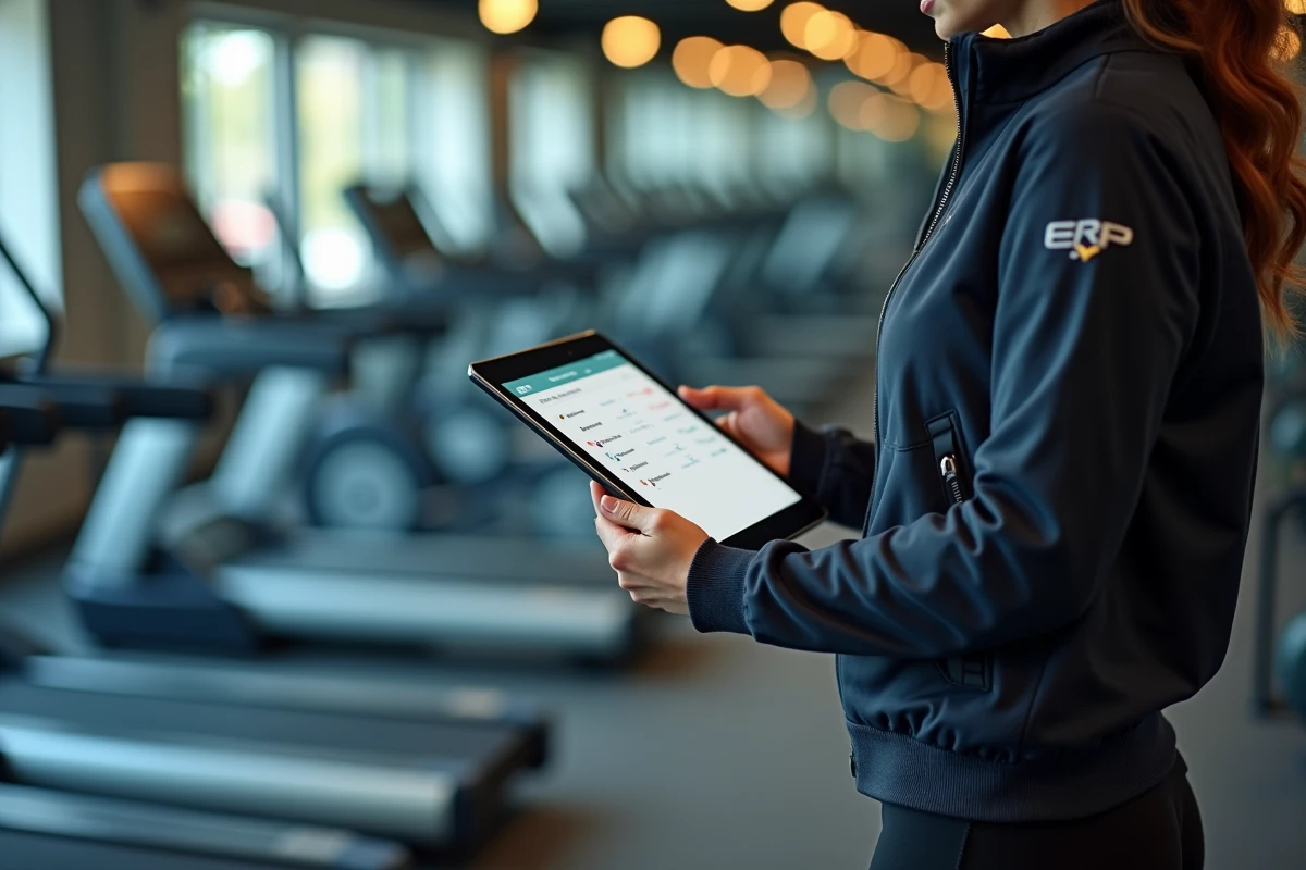Employée de salle de sport utilisant un ERP sur tablette pour gérer les abonnements et les cours