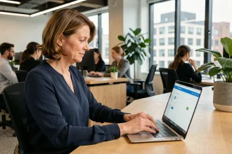 Employée RATP connectée à son espace CSE2 depuis un bureau en open space professionnel