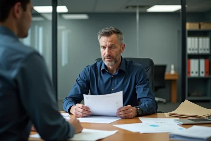 Responsable RH refusant de remettre des documents de fin de contrat à un employé dans un bureau d'entreprise
