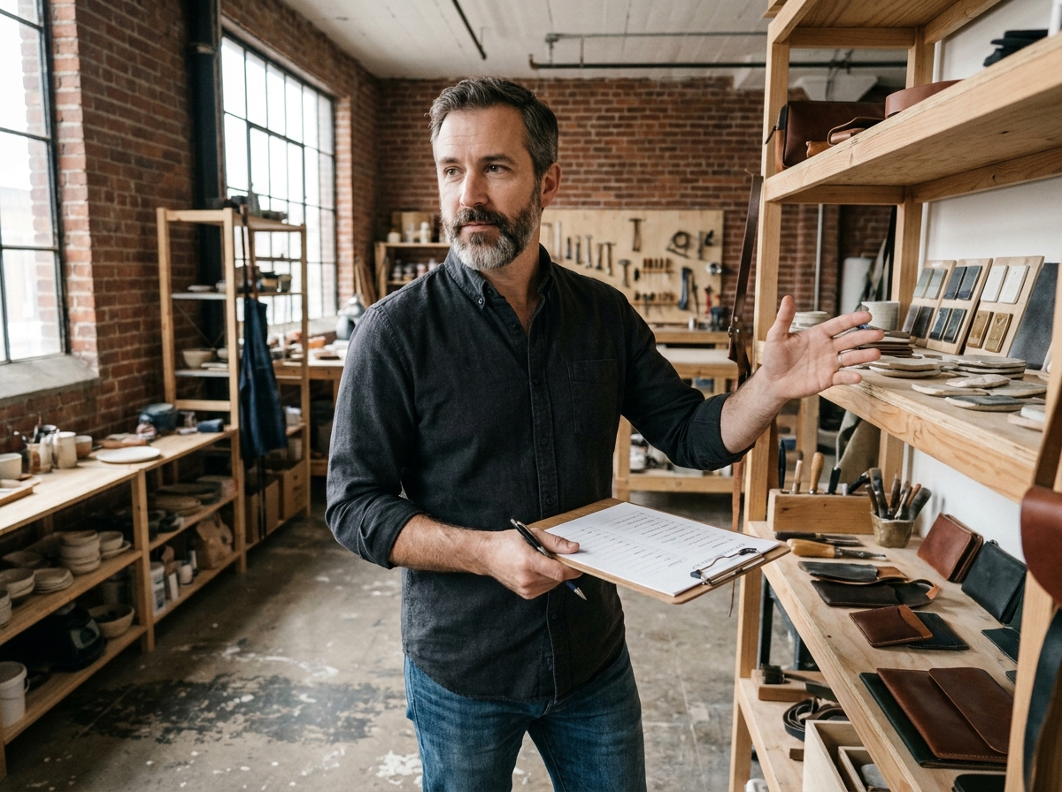 Entrepreneur masculin évaluant les ressources de son atelier avant d'ouvrir sa petite entreprise