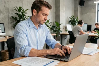 Entrepreneur masculin concentré qui examine des documents d'aide à la création d'entreprise 2026 dans un espace de coworking moderne